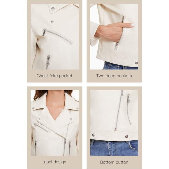 Fahsyee Women's Faux Leather white Jackets, Zip Up Outwear and Short Jackets - Picture 6 of 7